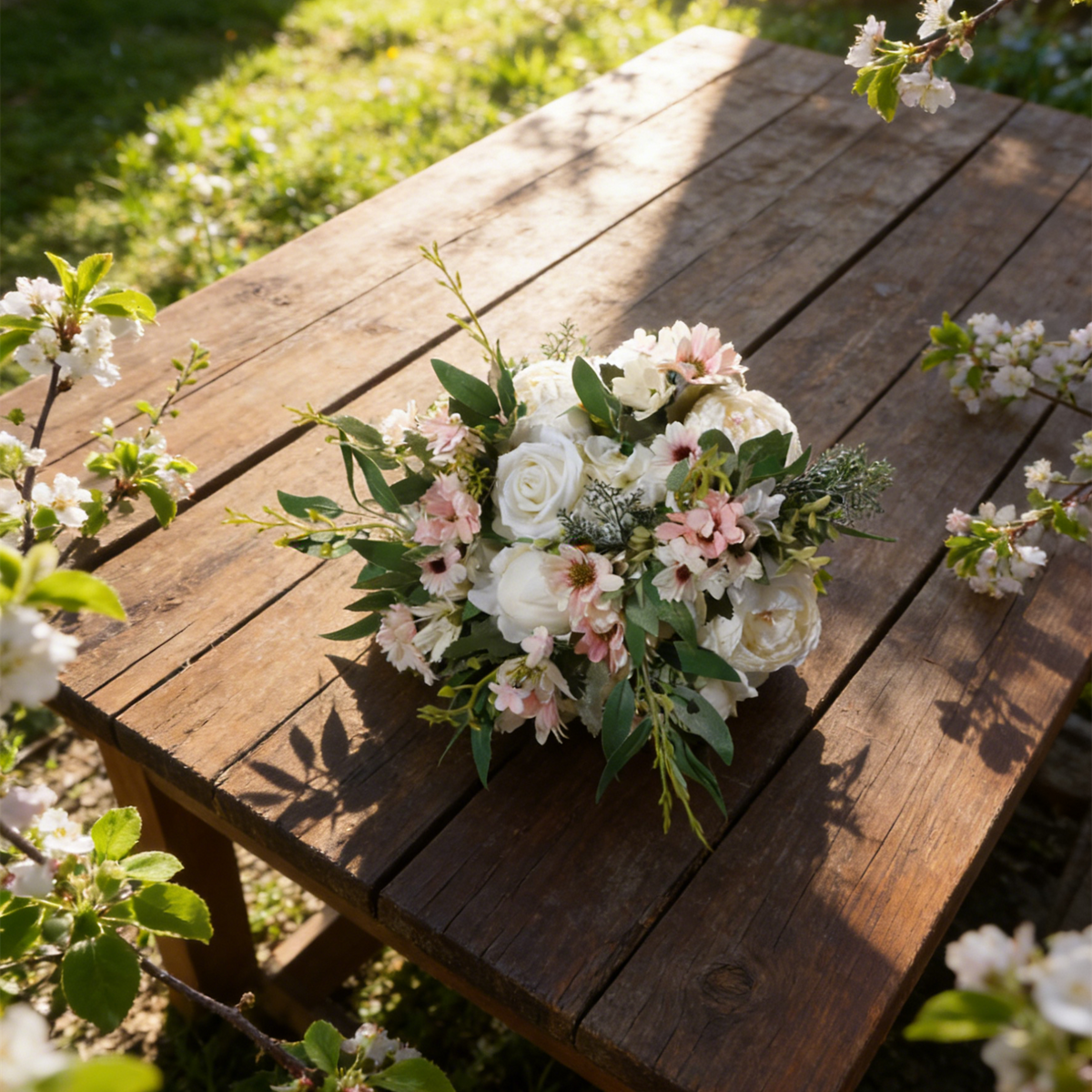 Romantischer Natur-Brautstrauß mit weißen Rosen und Pfingstrosen - Kunstblumen