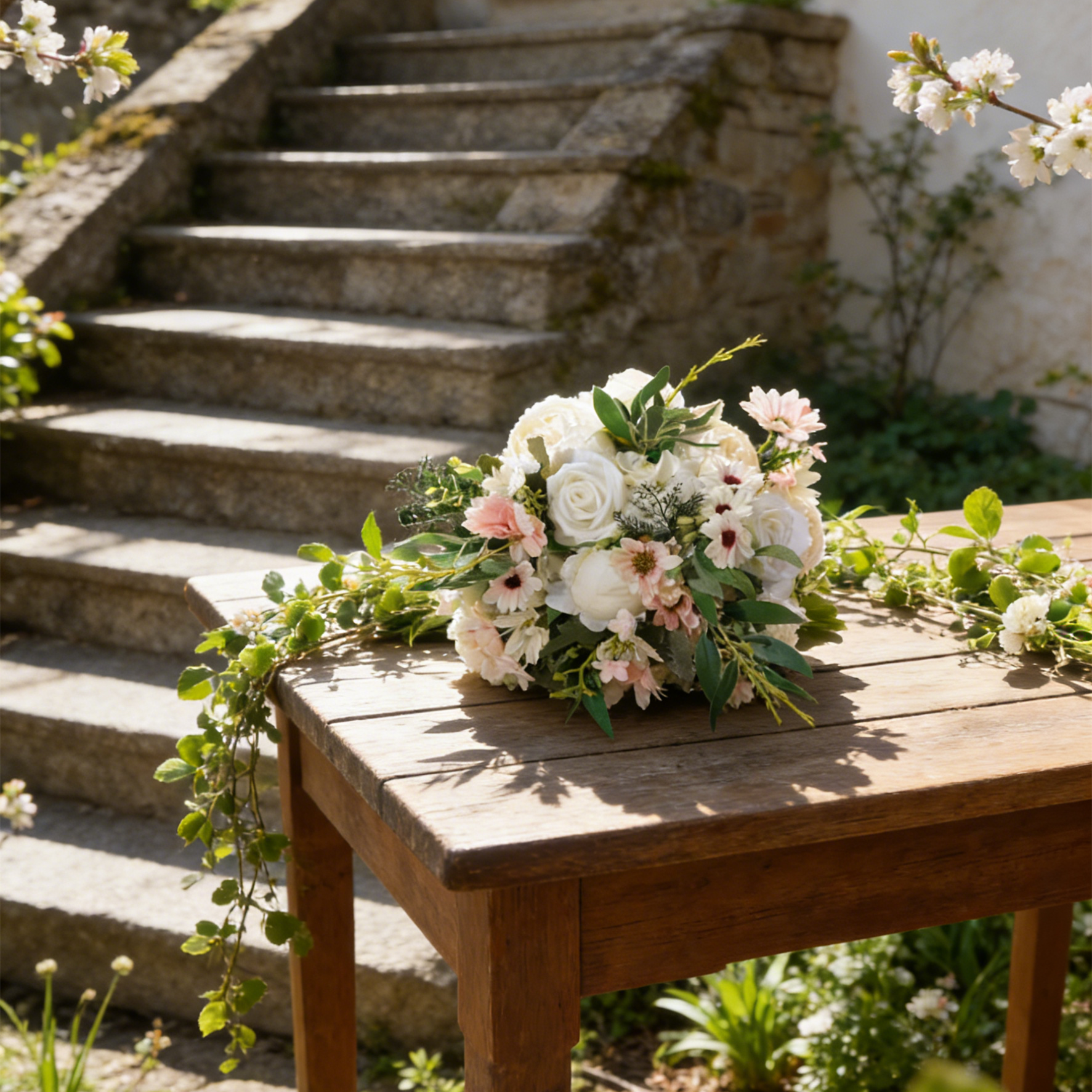 Romantischer Natur-Brautstrauß mit weißen Rosen und Pfingstrosen - Kunstblumen