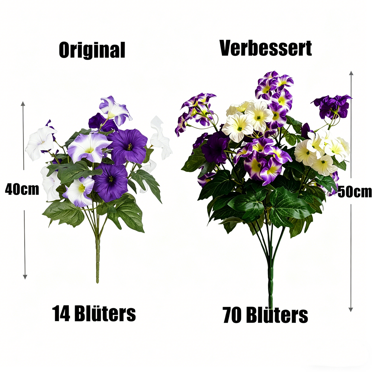 Verbesserte 50 cm UV-beständige künstliche Petunien – Realistische Seidenblumen für die Außendekoration