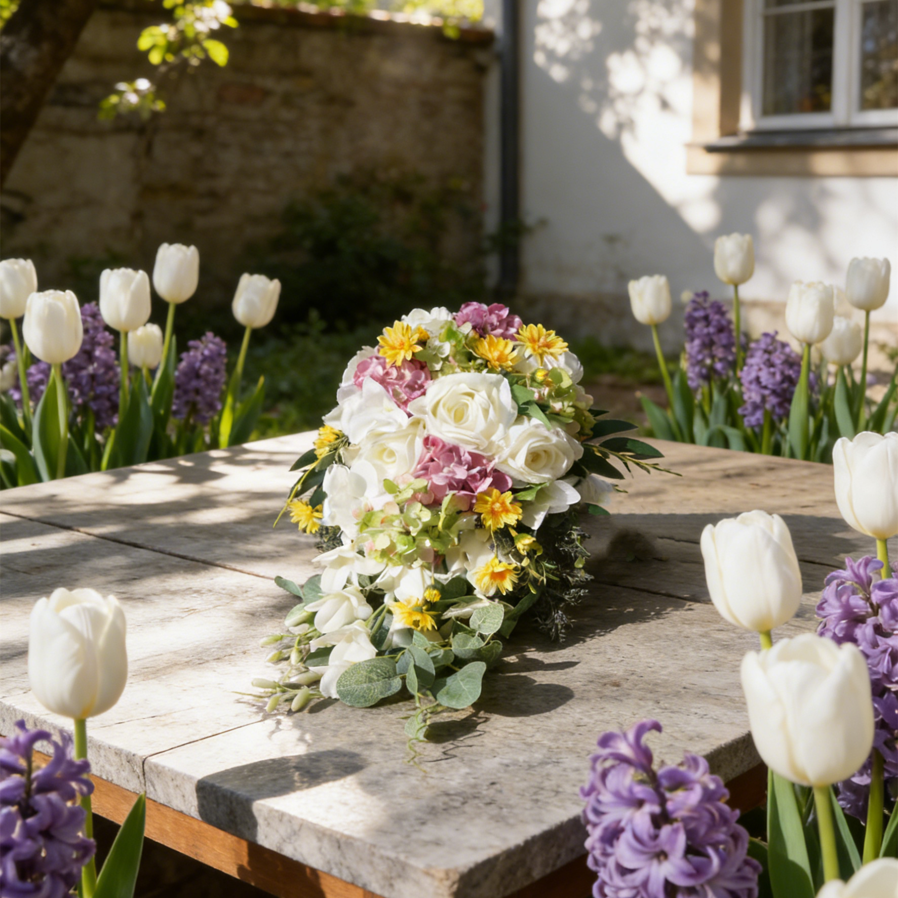 Weißer Rosen Brautstrauß mit Wassertropfen Hochwertige Brautblumen