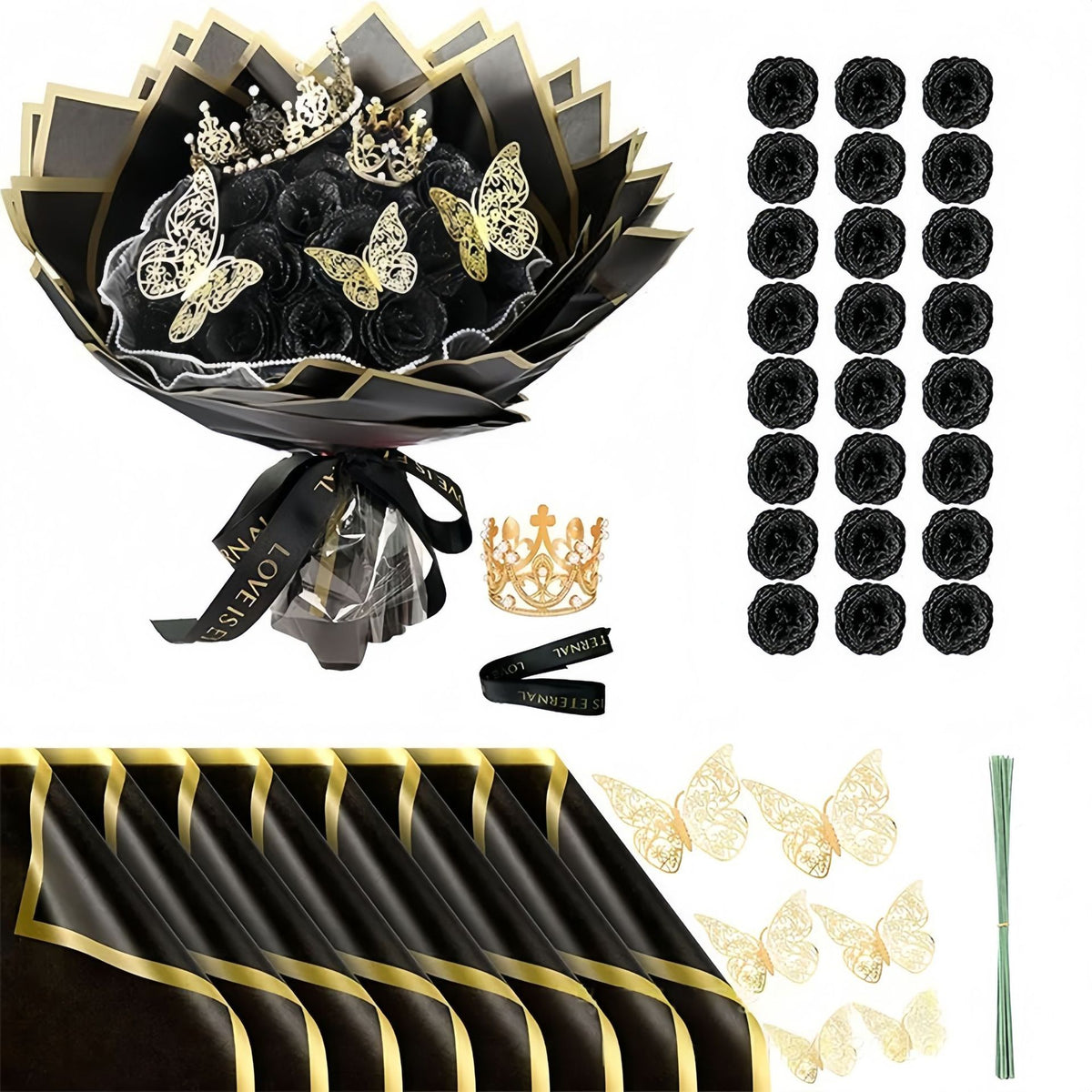 24 Glitzer-Rosen Brautstrauß mit Krone - Künstlicher Hochzeitsstrauß Gold/Silber für Braut