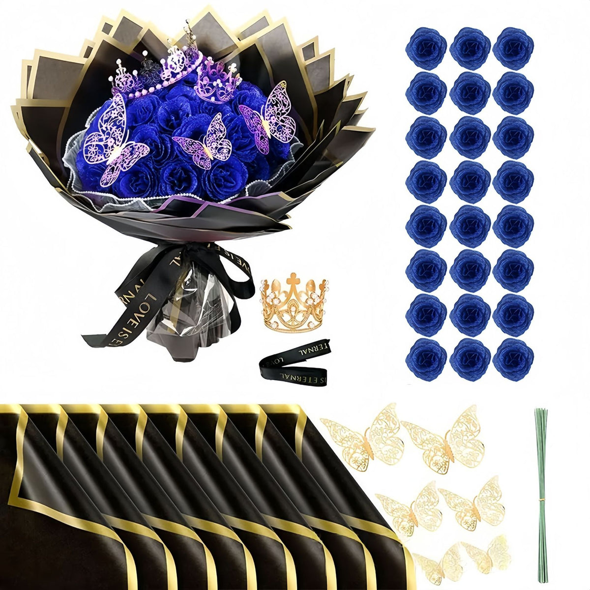 24 Glitzer-Rosen Brautstrauß mit Krone - Künstlicher Hochzeitsstrauß Gold/Silber für Braut