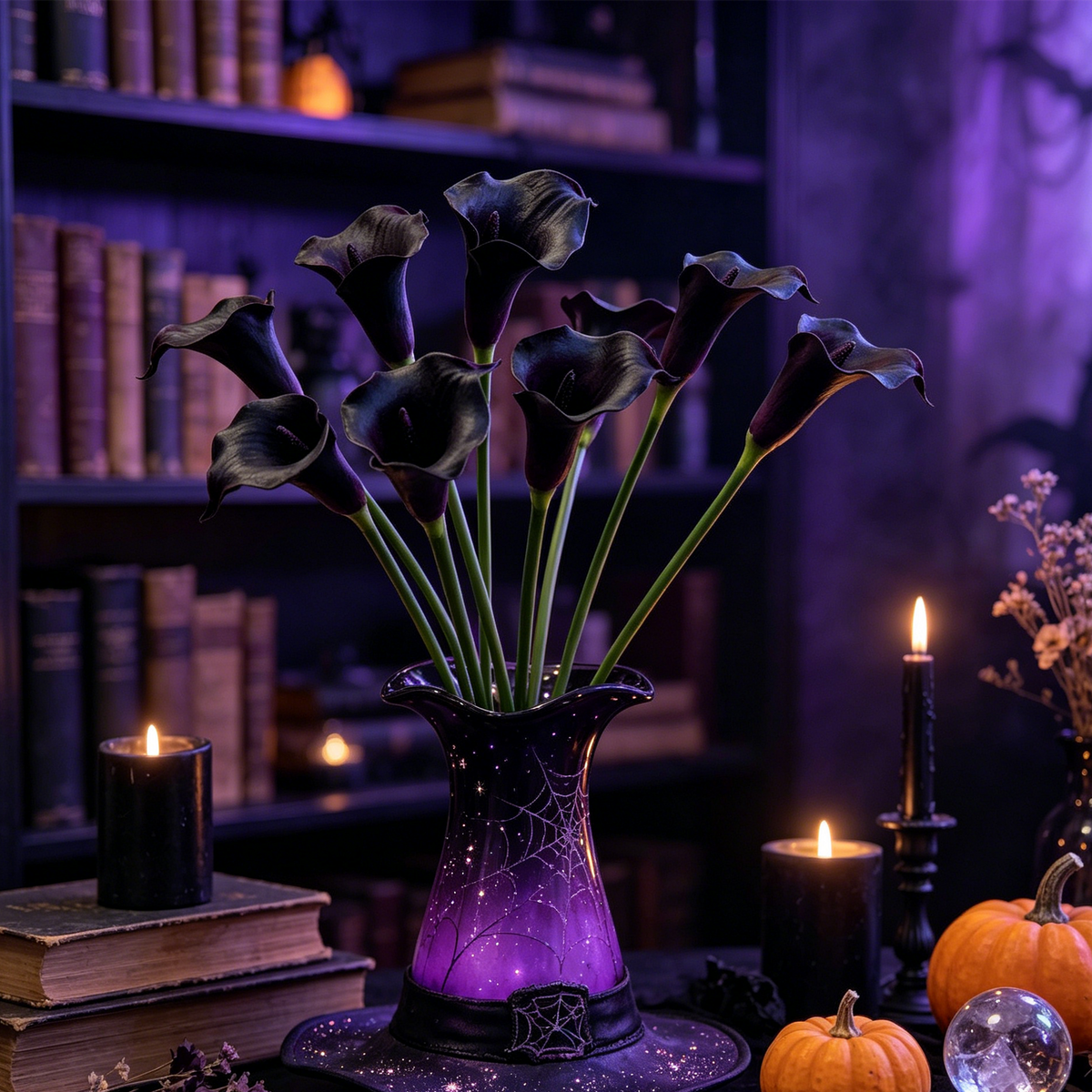 6er Set Calla Lilien Kunstblumen, 66cm Real Touch, Hochwertige Calla in Schwarz-Lila, für Gothic Deko, Halloween, Vase & elegante Arrangements