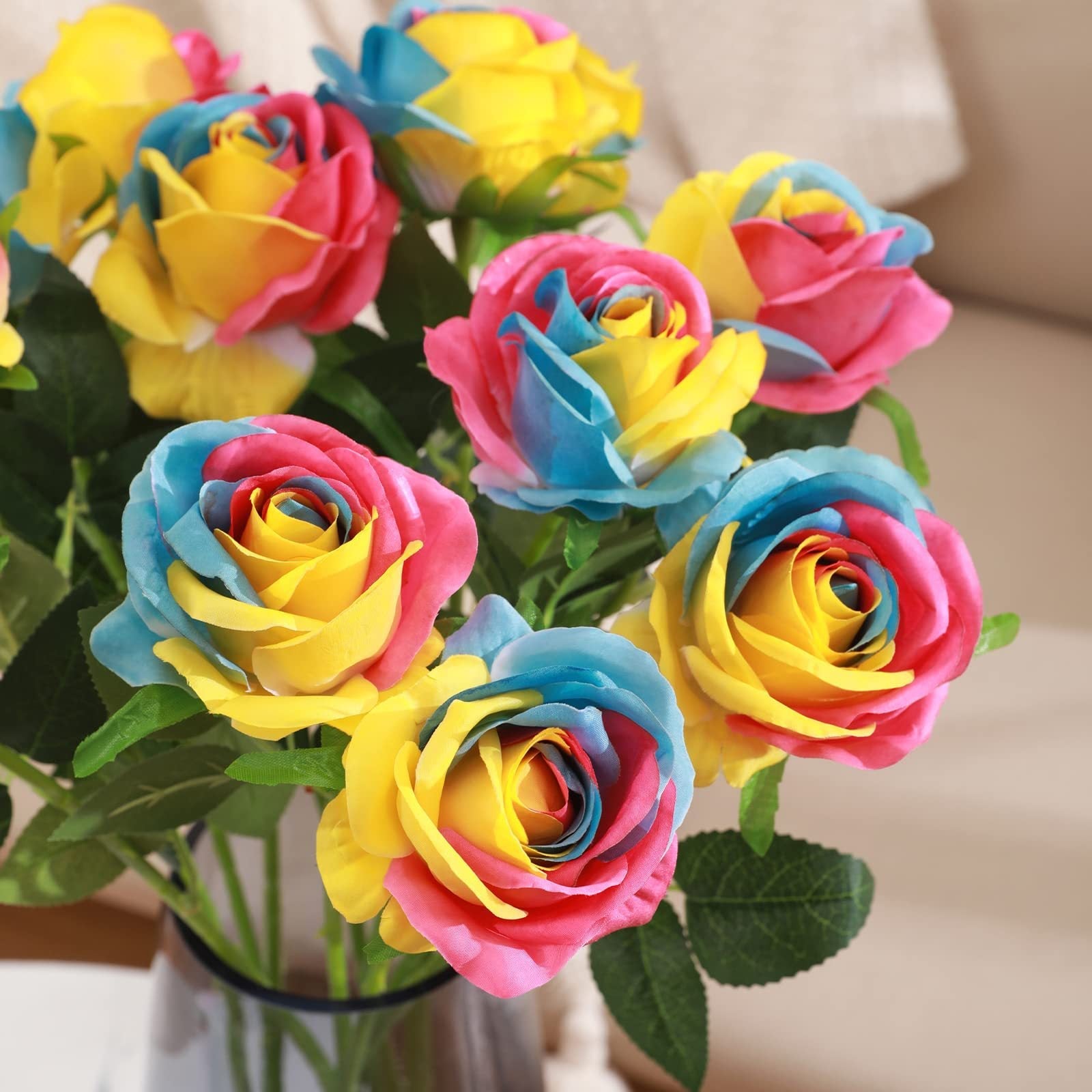 Regenbogen Rose 50 cm, Kunstrose aus Seide in täuschend echter Optik, bunte Stielblume für Hochzeitsdeko, Gestecke, Vase, langlebig