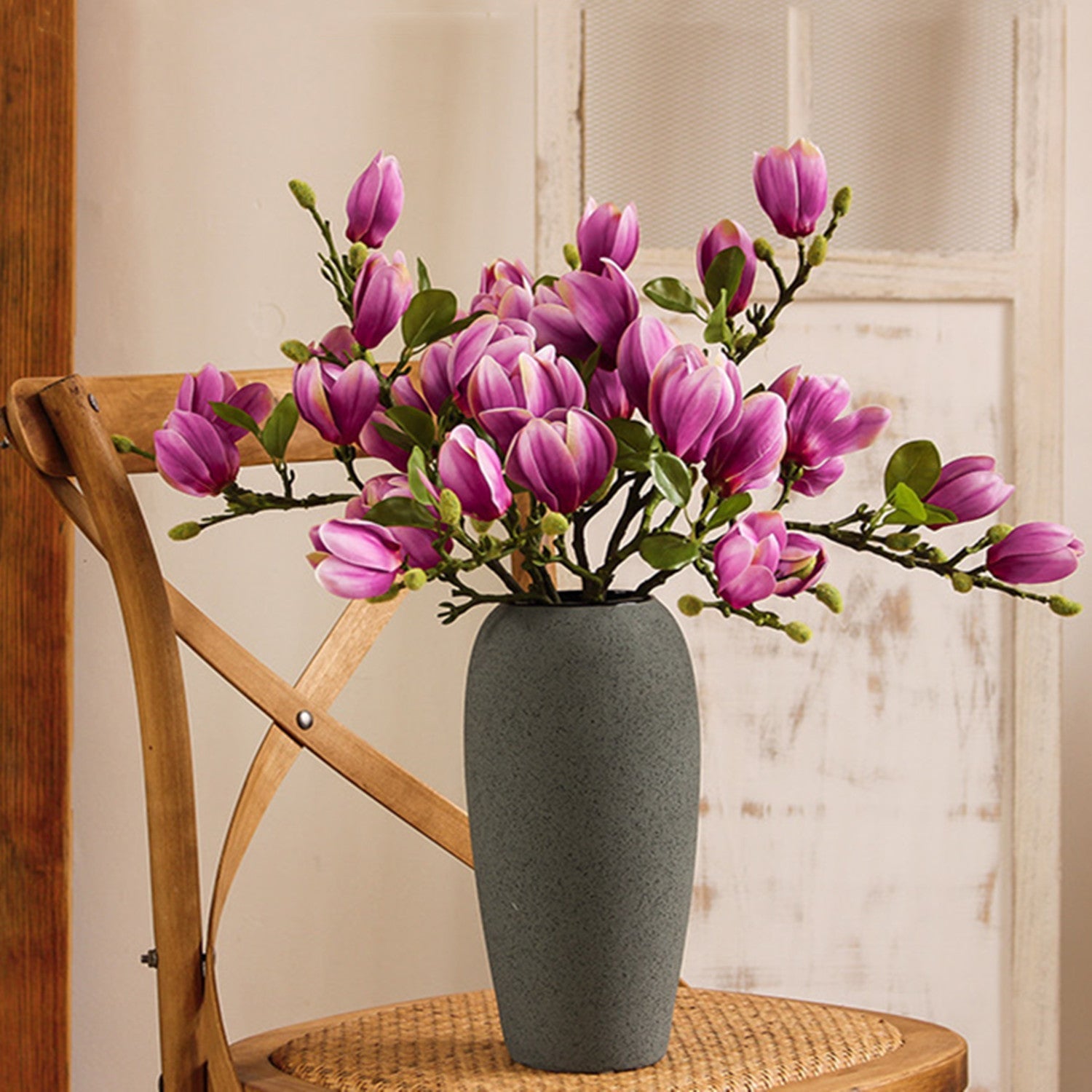 Magnolienzweig künstlich, Real Touch Magnolienknospen, 67cm, lebensechte Haptik, hochwertige Kunstblume für Vase, Frühlingsdeko, Hochzeit