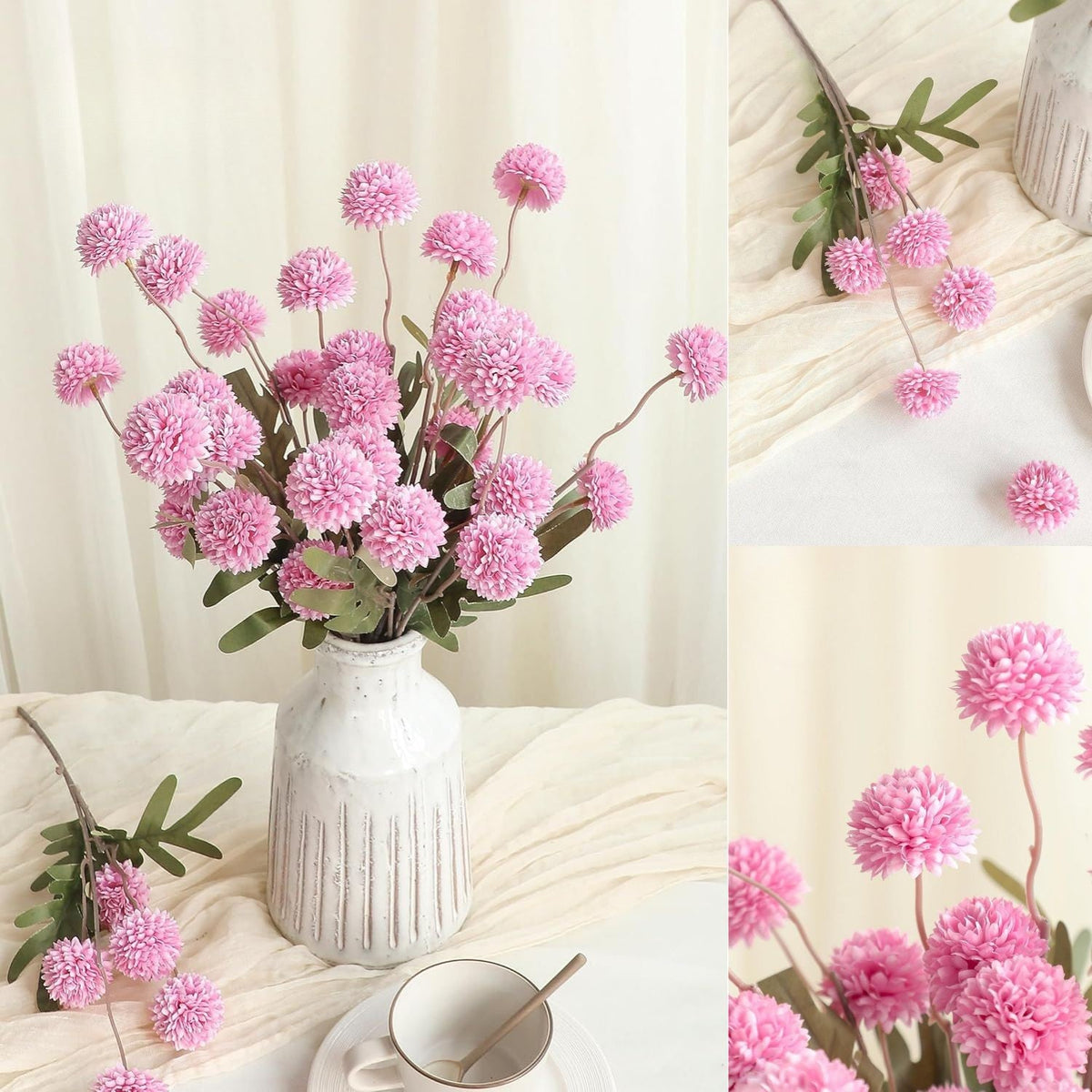 Künstliche Chrysanthemen 5er-Set, 45cm lange Stiele, Naturgetreue Seidenblumen in Beige, Ø 3,3cm Pompon-Blüten, für Vasen, Hochzeitsdeko & Floristikbedarf
