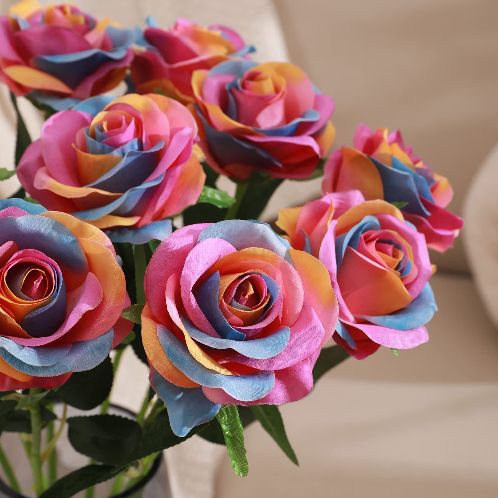Regenbogen Rose 50 cm, Kunstrose aus Seide in täuschend echter Optik, bunte Stielblume für Hochzeitsdeko, Gestecke, Vase, langlebig