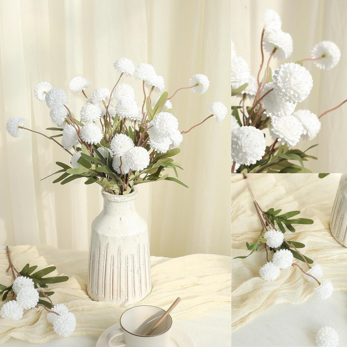 Künstliche Chrysanthemen 5er-Set, 45cm lange Stiele, Naturgetreue Seidenblumen in Beige, Ø 3,3cm Pompon-Blüten, für Vasen, Hochzeitsdeko & Floristikbedarf