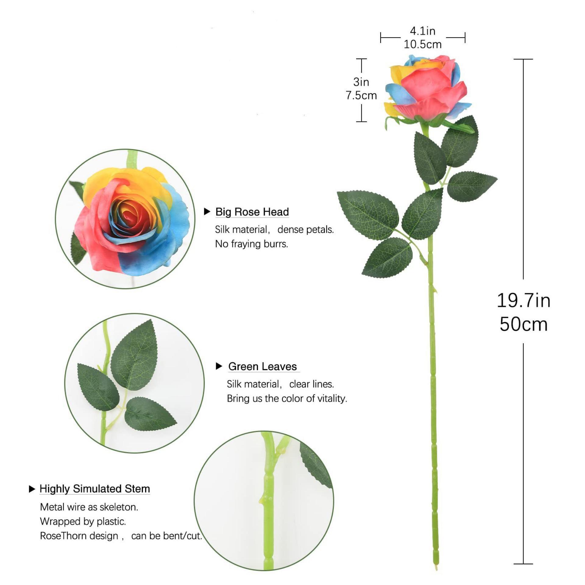 Regenbogen Rose 50 cm, Kunstrose aus Seide in täuschend echter Optik, bunte Stielblume für Hochzeitsdeko, Gestecke, Vase, langlebig