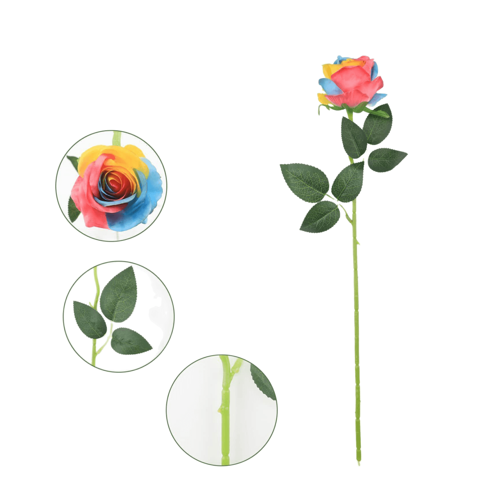 Regenbogen Rose 50 cm, Kunstrose aus Seide in täuschend echter Optik, bunte Stielblume für Hochzeitsdeko, Gestecke, Vase, langlebig