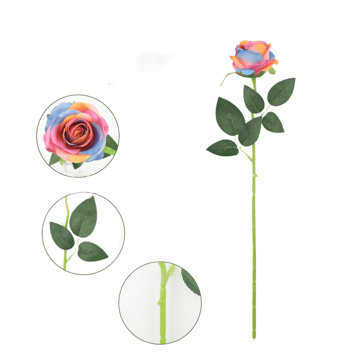 Regenbogen Rose 50 cm, Kunstrose aus Seide in täuschend echter Optik, bunte Stielblume für Hochzeitsdeko, Gestecke, Vase, langlebig