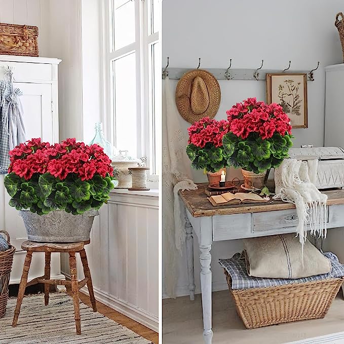 Künstlicher Geranienbusch 42 cm, UV-beständige Geranie täuschend echt, Kunstblume für Balkon, Garten, Grabschmuck & ganzjährige Deko