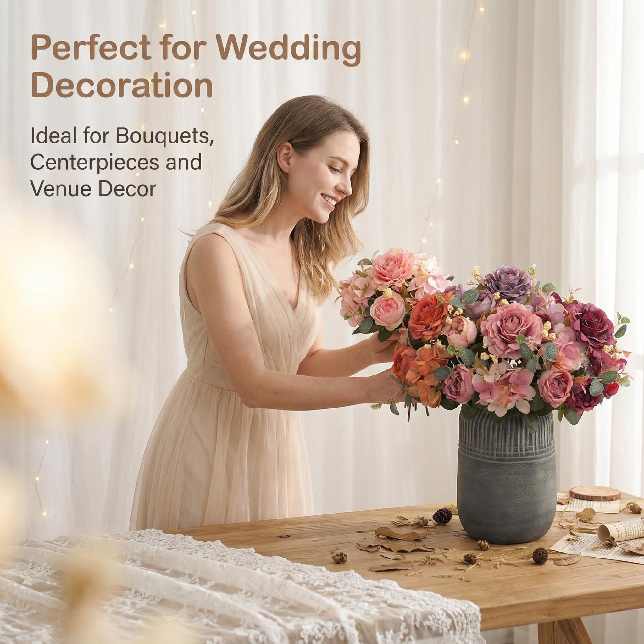 Kunstblumen Pfingstrosen 12er Großpackung – Seidenblumen-Sträuße mit Hortensien, 29 cm, für Hochzeit, Floristik & Heimdeko
