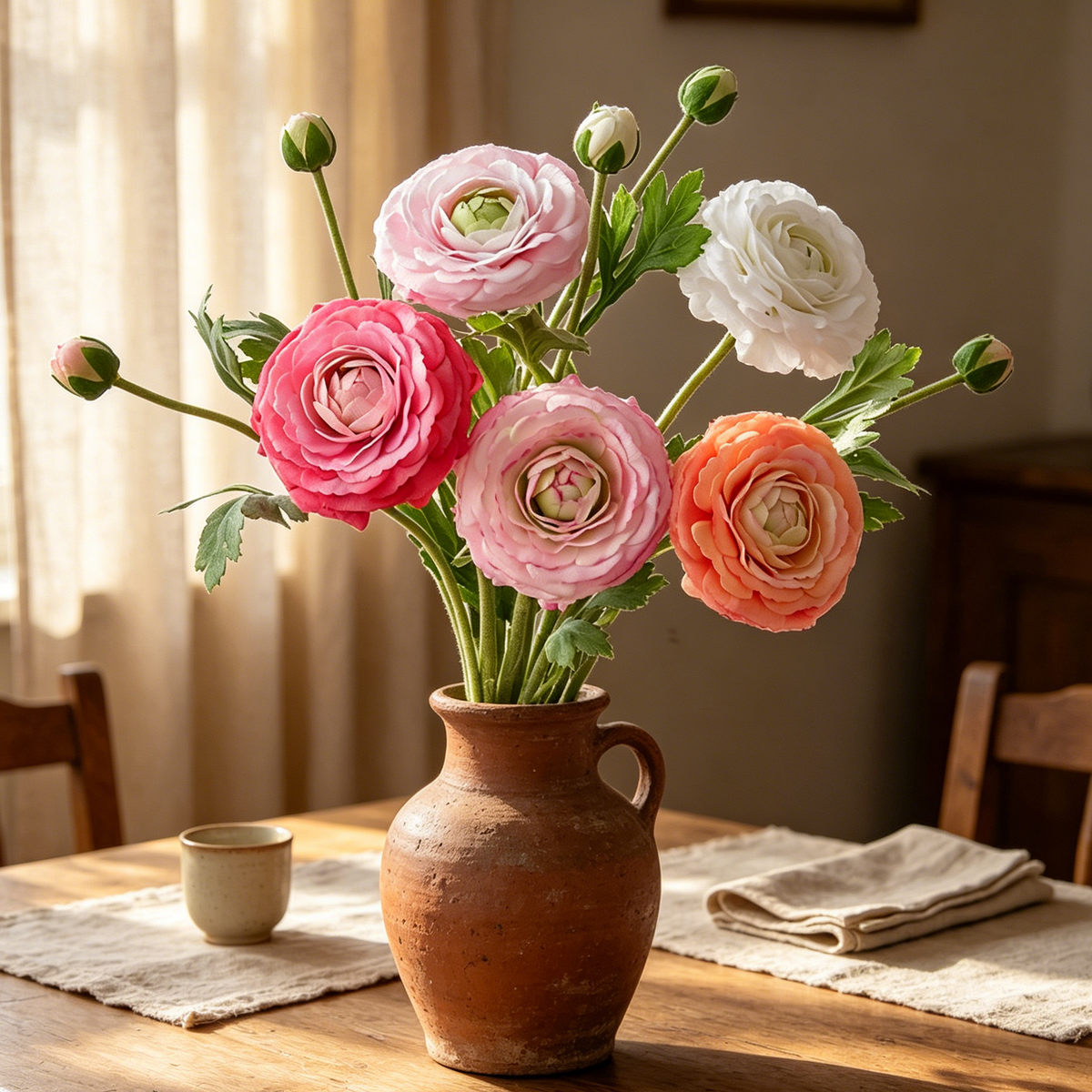 Ranunkel-Kunstblume mit Real-Touch – 48 cm, flexibler Stiel – täuschend echte Premium-Blüte für Vase & Hochzeitsdeko
