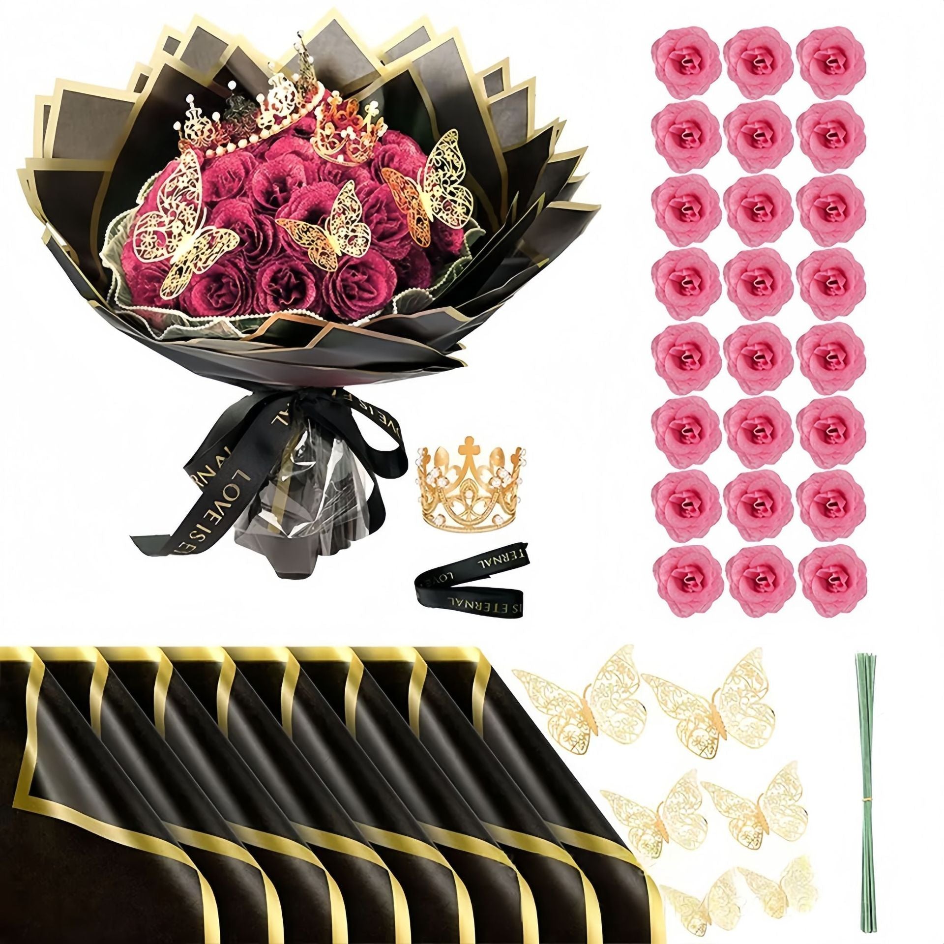 24 Glitzer-Rosen Brautstrauß mit Krone - Künstlicher Hochzeitsstrauß Gold/Silber für Braut