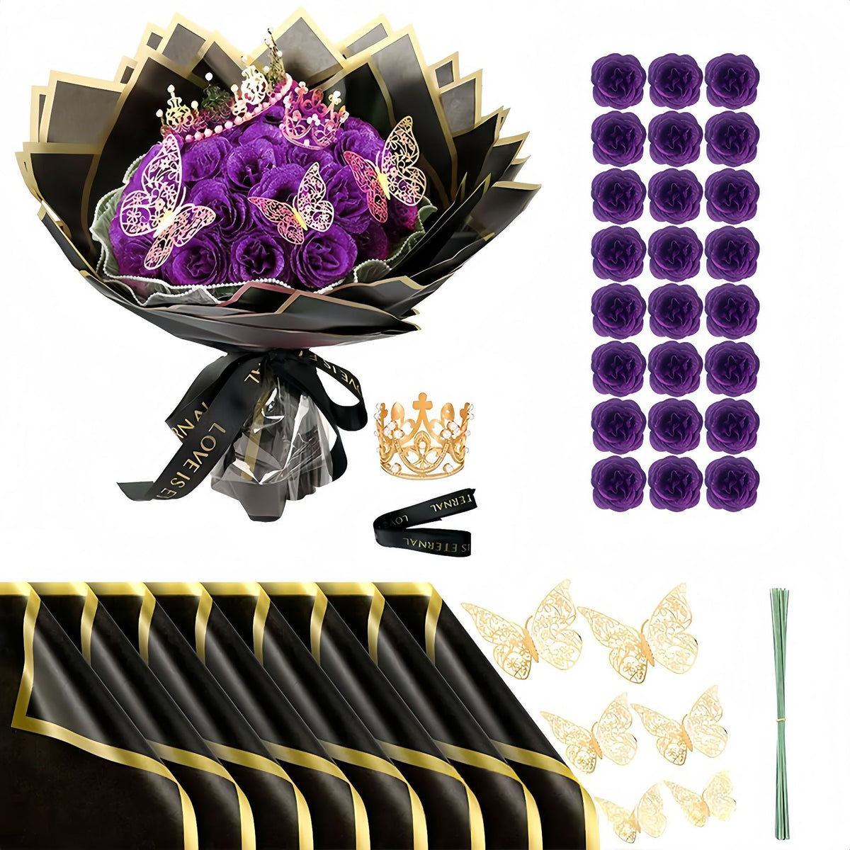 24 Glitzer-Rosen Brautstrauß mit Krone - Künstlicher Hochzeitsstrauß Gold/Silber für Braut